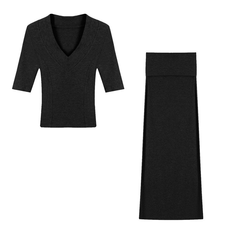 

Kumikumi Стильная серая футболка с V-образным вырезом, короткими рукавами до локтя и открытыми плечами, женский осенний облегающий бодикон платье-юбка, комплект из двух предметов Black Suit M