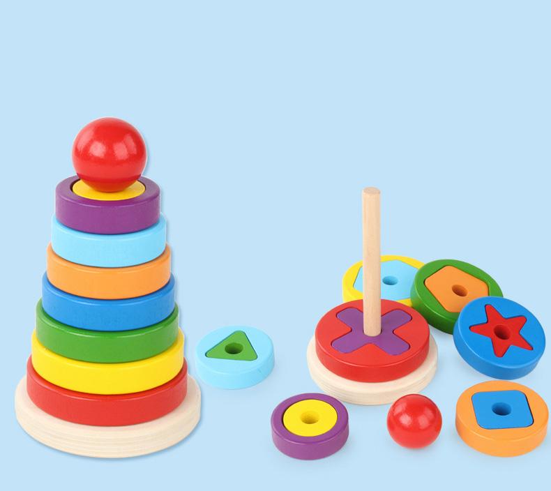 Wooden Rainbow Tower Wooden Puzzle Children's 3D Puzzle Shape Educational Toys for Children