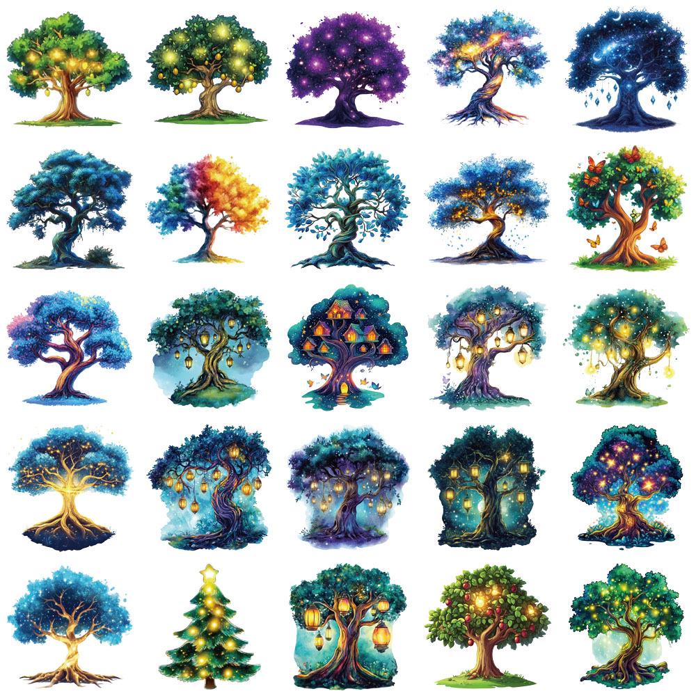 50 Sheets: Magic Tree Retro Style PET Transparent Stickers for Mugs & Phone Cases