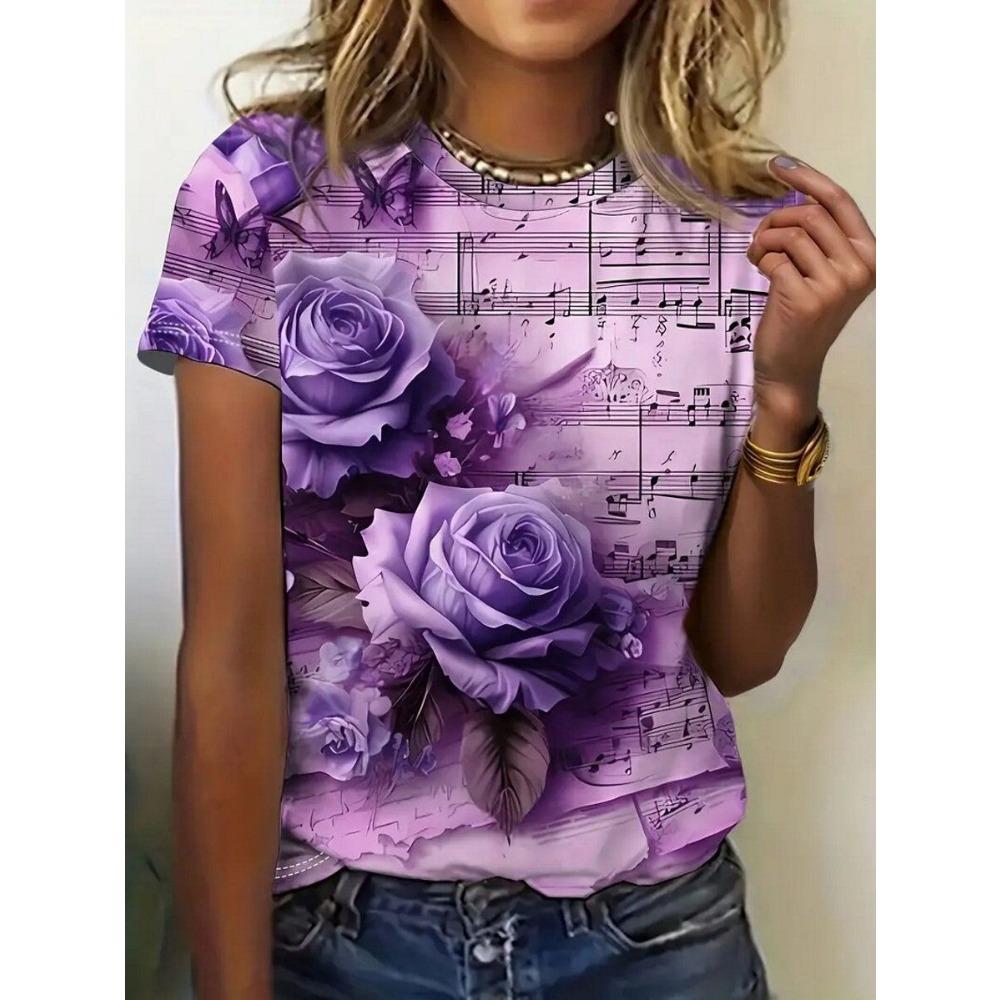 Colorful Flower Print T-shirt Casual Daily Flower Print