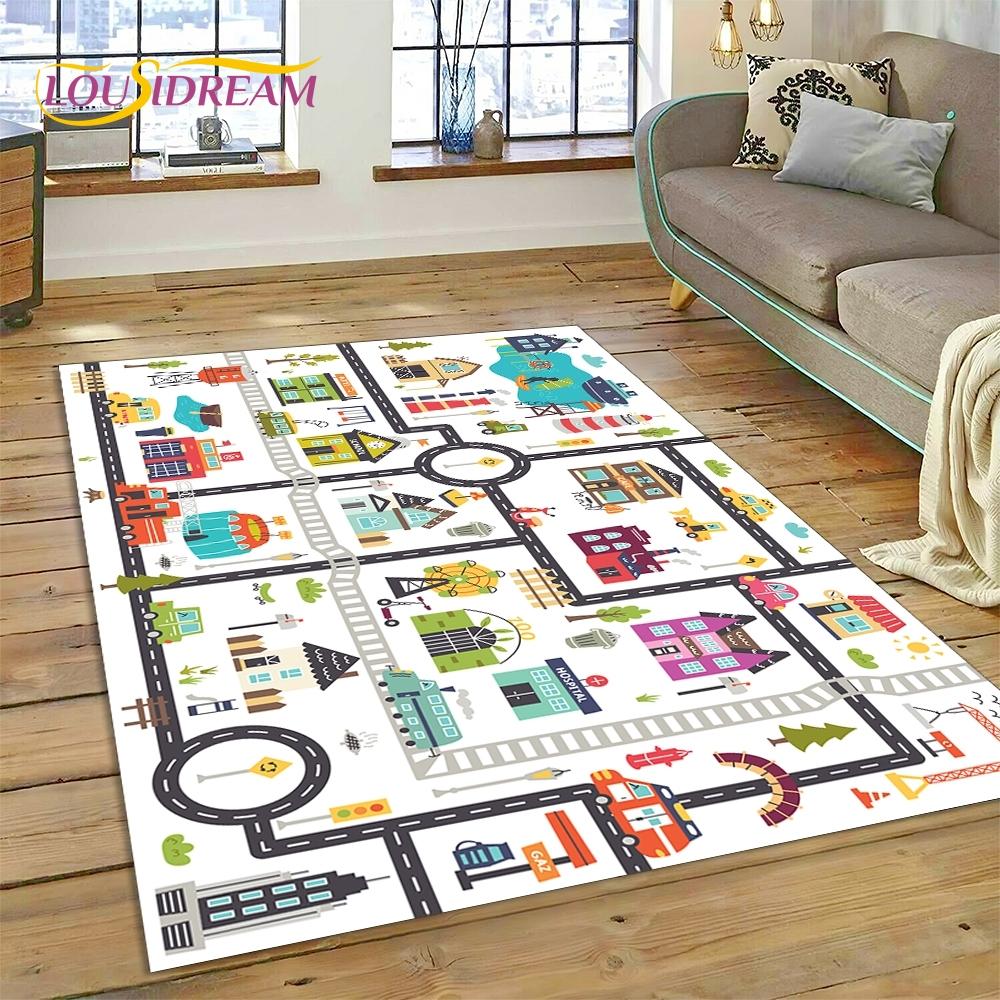 3D Autobahn Laufsteg Spielzimmer Stadtverkehr Straßenkarte Kinderspielmatte Teppich für Wohnzimmer Schlafzimmer Heimdekor, Rutschfest für Sofa
