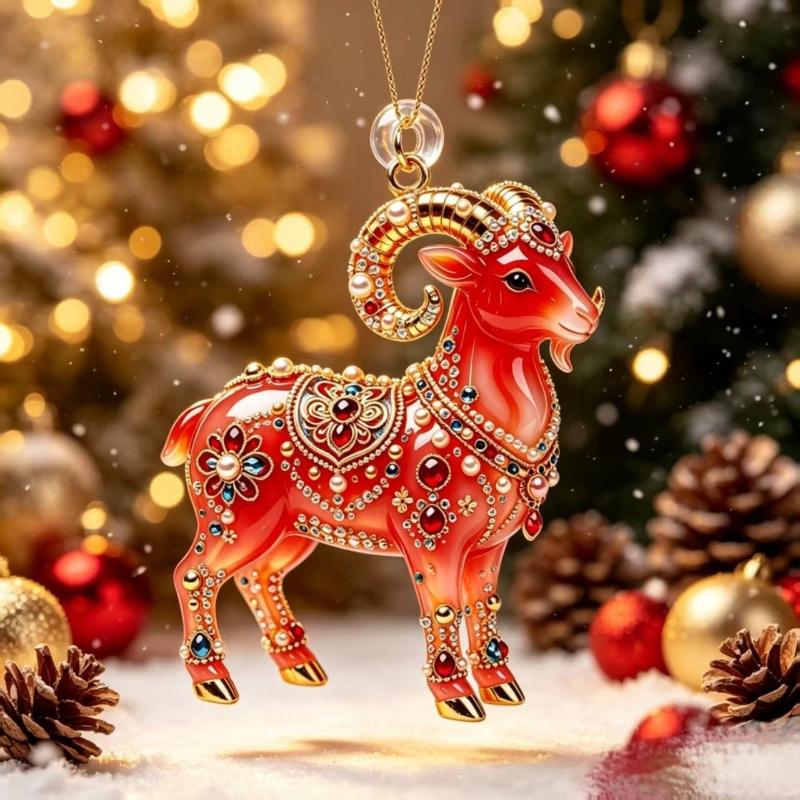 Glückbringendes Rot-Gold Chinesisches Tierkreiszeichen Ziege Acryl Hängendes Ornament für Zuhause Auto Mondneujahrsdekoration Geschenk