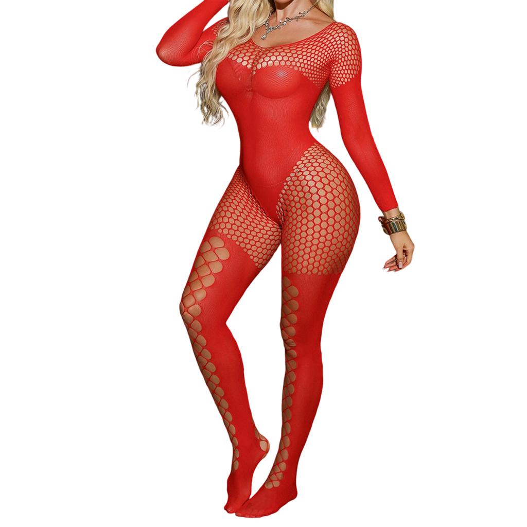 Women’s Long Sleeve Pantyhose With Backless Mesh Design Hollowed Out Lace Bodystocking For Party