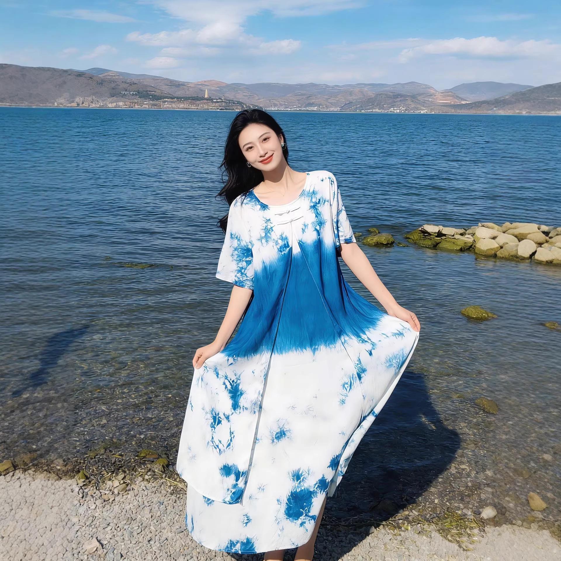 Indigo Hand-Dyed Double-Layer Frog Button Mid-Sleeve Dress Skirt One Size