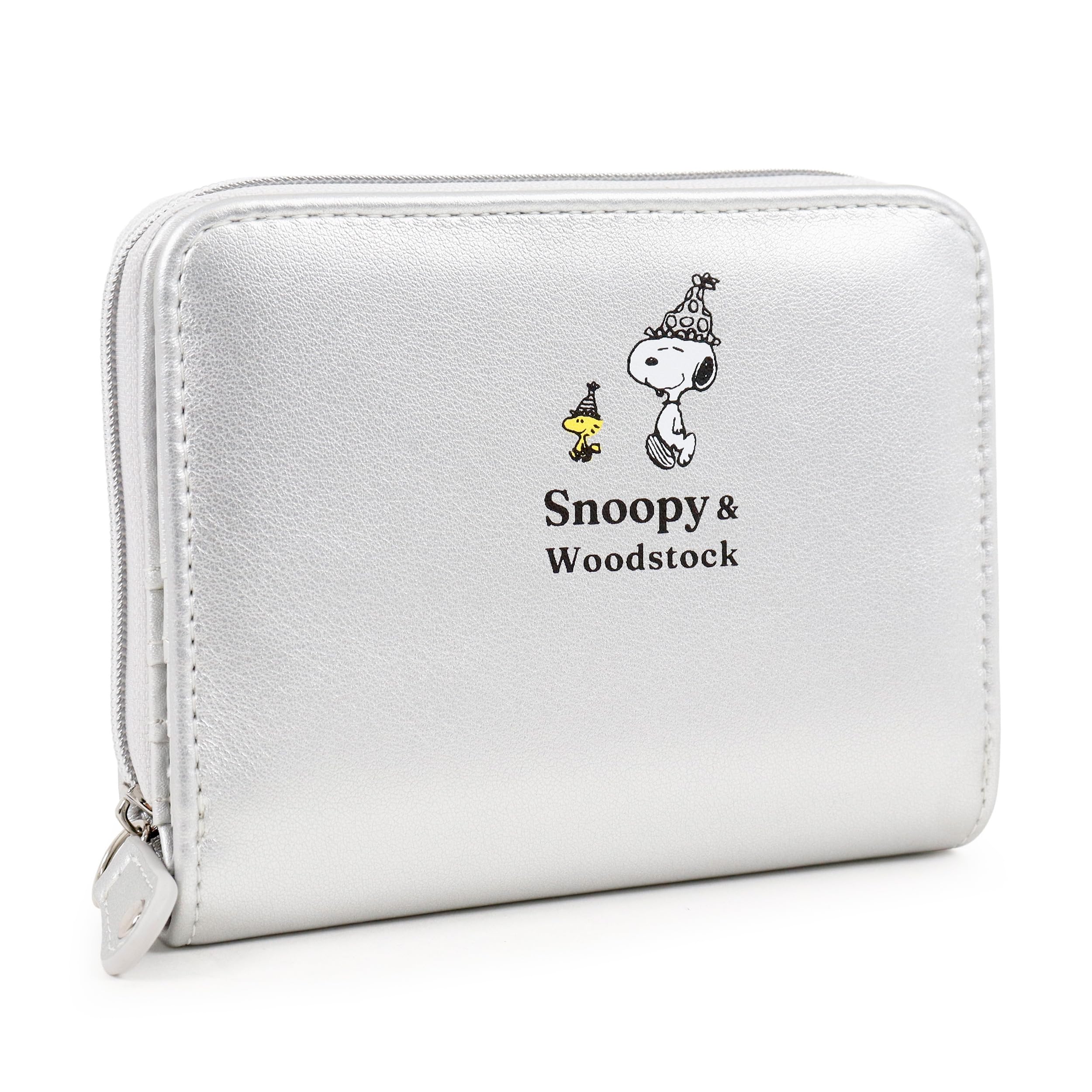 Wallet with Round Woodstock Character Cute [Snoopy] Women s Bi-fold Zipper, Design, (Silver)