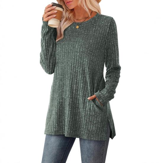 Women Tunic Tops Round Neck Long Sleeve Knit Tops with Side Pockets Solid Color Casual Striped Blouse