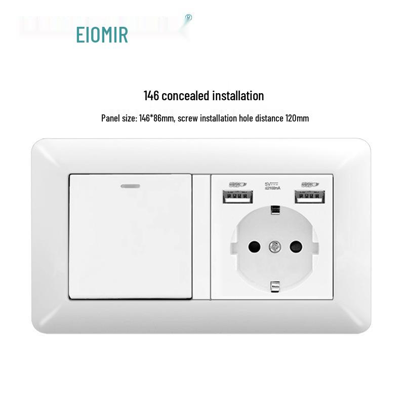 Curved White European Standard Socket Panel with Double USB & Type C, German Switch, Concealed Installation