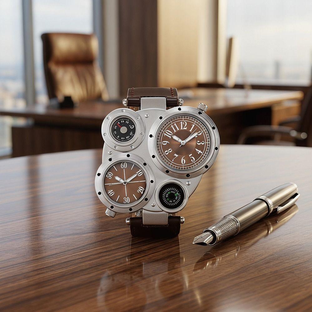 PU Leather Strap Dual Time Zone Watch Leather Strap Quartz Watch Big Face Watches  Male