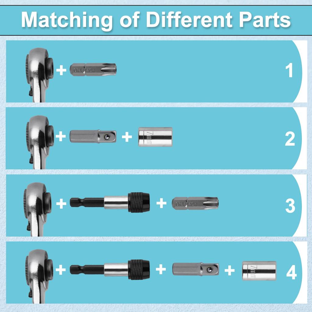 SPEEDWOX Ratchet Driver Includes Socket Slotted Hex Wrenches Flathead and Phillips Offset and Offset Motorcycle Tool Kit 28-Piece Set, 1/4" Bits,