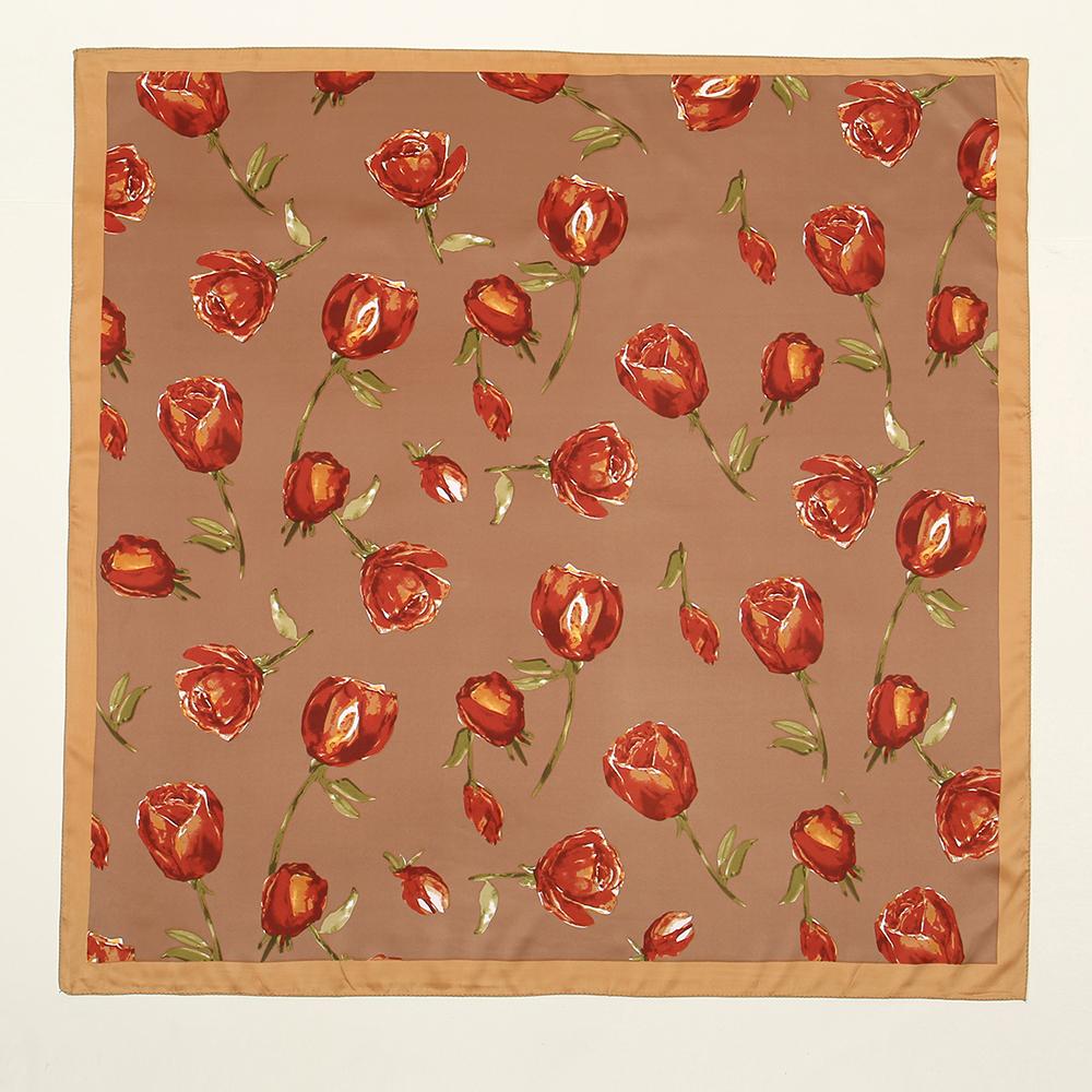 Summer Casual Rose Printed Hijab Bandana Square Satin Silk Scarf For Muslim Woman Hairband Ladies Wraps Headband 85*85Cm