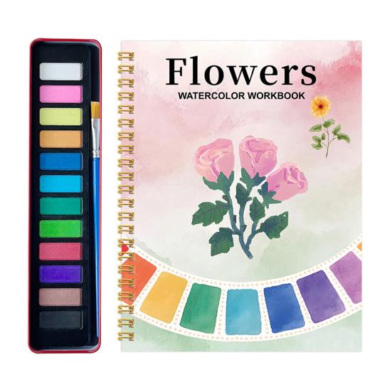 Watercolor Painting Kit for Beginners Step-by-Step Painting Guide with 12 Colors Flower Animal Theme Practice Workbook for Learning Blending