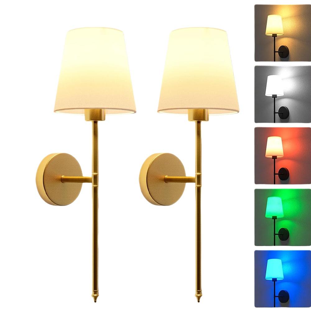 Wire-Free Bedroom Bedside Lamp Canvas Shade Gold Wireless Rechargeable Dimmable Wall Light Living Room Decorative