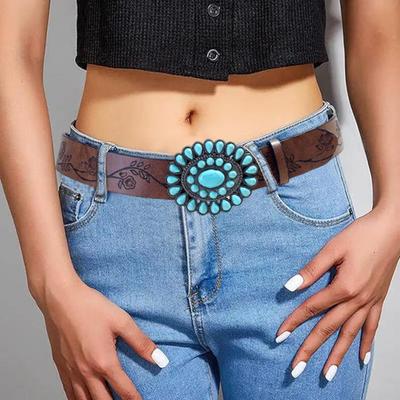 Boho Belt Rose Flower Carved Pattern Faux Turquoise Decor Vintage Western Belt Snap