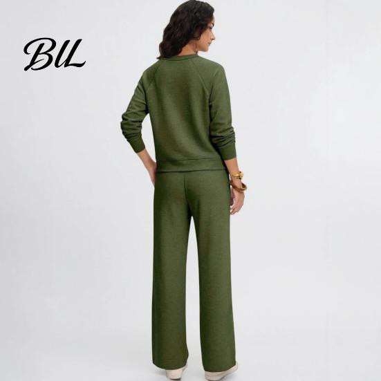 Damen Sportanzüge Sweatshirt Hose 2-teiliges Set, V-Ausschnitt Langarm Oberteil & Weiter Passender Lounge Set Hosen mit Elastischem Bund, Einfarbig