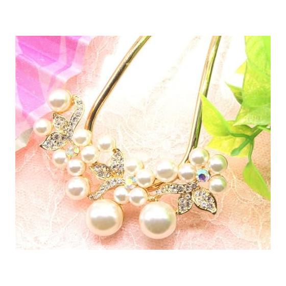 Miaomyao U-Shaped Hairpin for Women, Japanese Style Hair Stick with Pearls and Stones, Pink Gold Flower Hair Accessories for Kimono, Yukata, Formal