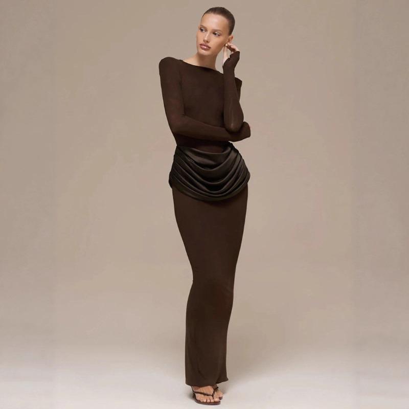 Autumn and Winter New Solid Color Temperament Celebrity Long-sleeved Slim-fitting Pleated Hip-wrapped Dress