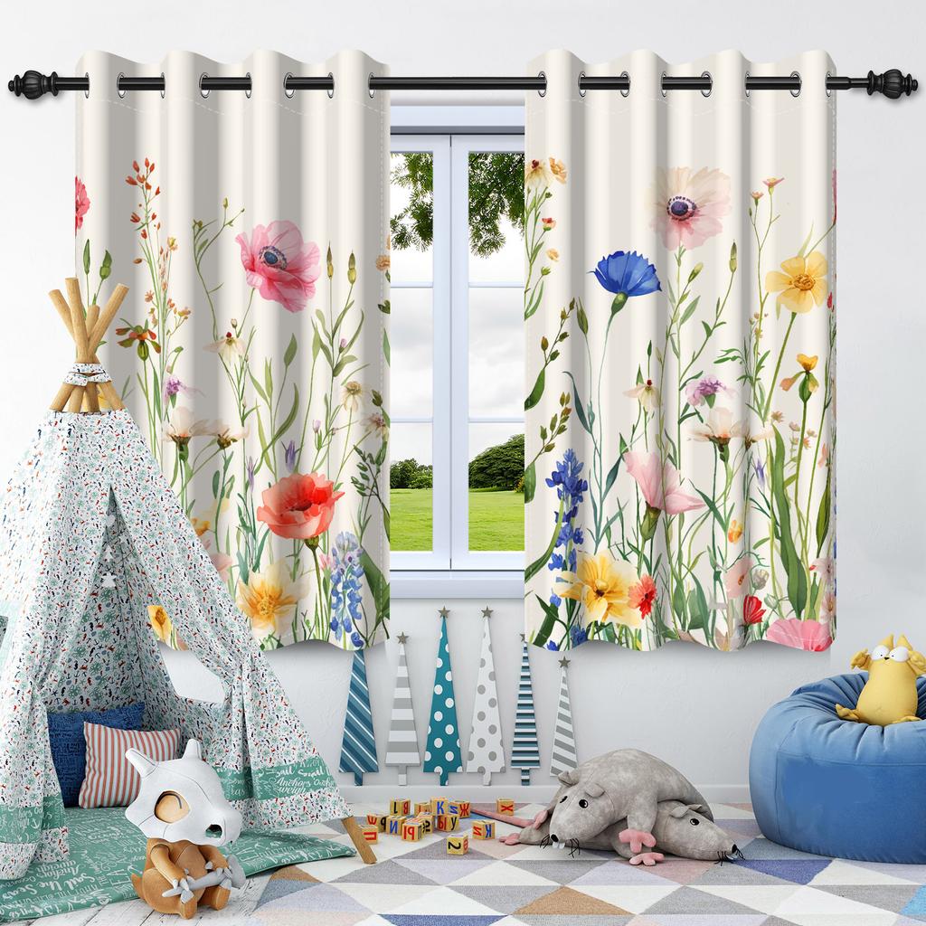 Wildflowers Floral Green Plants Window Curtains Blackout Washable Polyester Fabric Bedroom Living Room Home Decor Curtain 2 Pcs