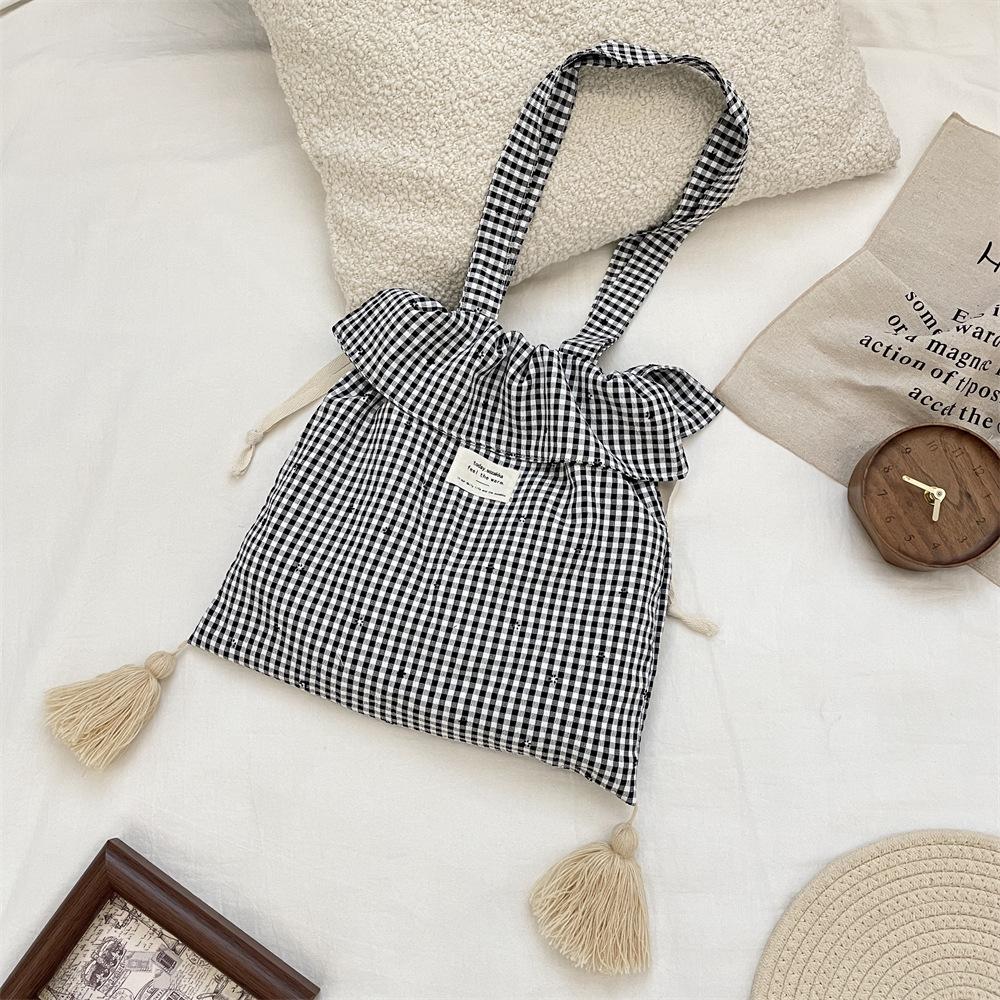 9 Autumn Wind Sweet Plaid Tote Bag Casual Canvas Bag High Value Love Lazy Shoulder Bag
