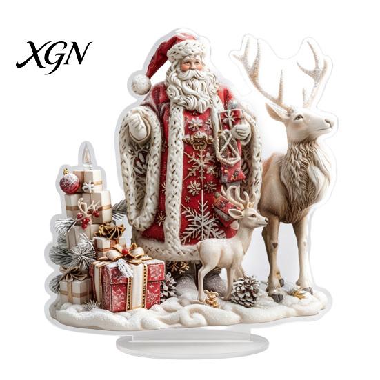 Retro Xmas Fairy Tale Scene Christmas Santa Claus Ornament, Reindeer Acrylic Decoration, Indoor Holiday Ornament Display Double Sided Desktop