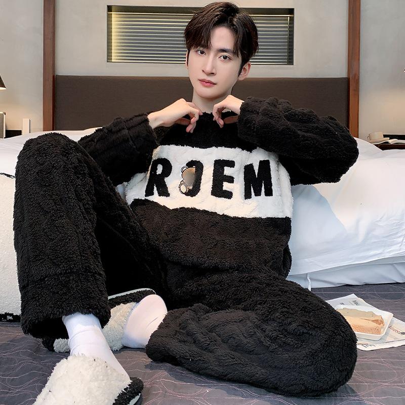 Men's Thick Coral Fleece Round Neck Pajama Set - Flannel, Autumn/Winter, Youth, Large Sizes, Fashionable Homewear