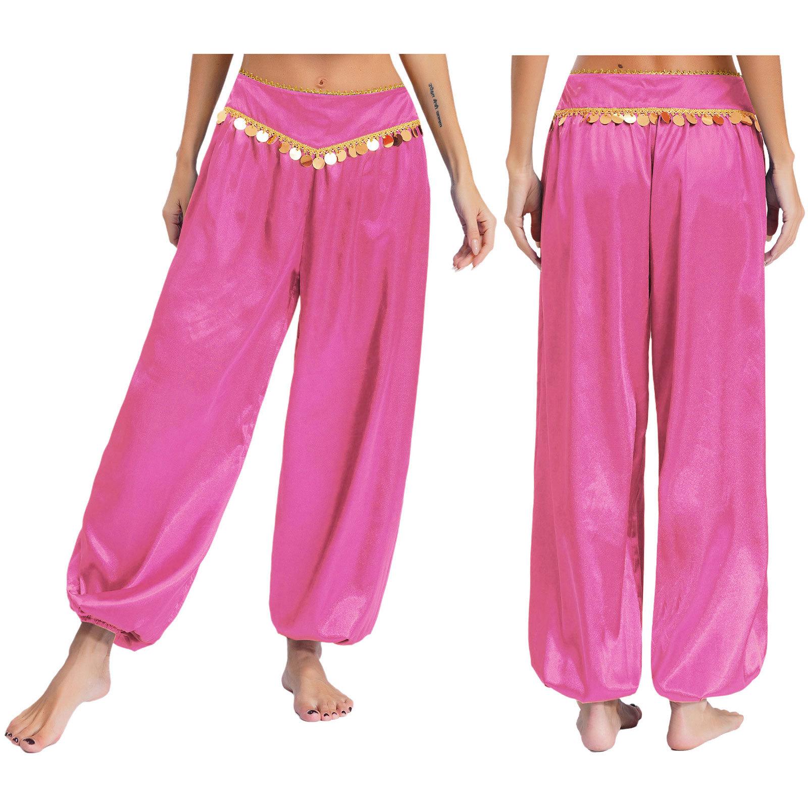 

Жіночі штани для виступів з belly dance S-XXL: Штани-шаровари з паєтками на низькій талії, мішкуваті та вільні для Геловіну, арабського костюма M гарячі рожевого кольору