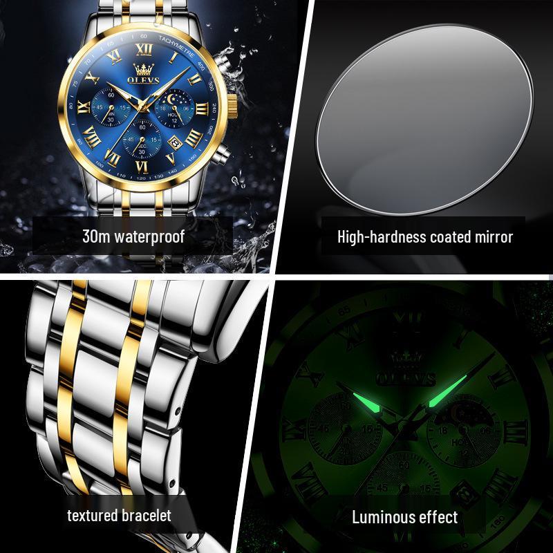 Oulishi Multifunctional Men's Waterproof Quartz Watch with Steel Band