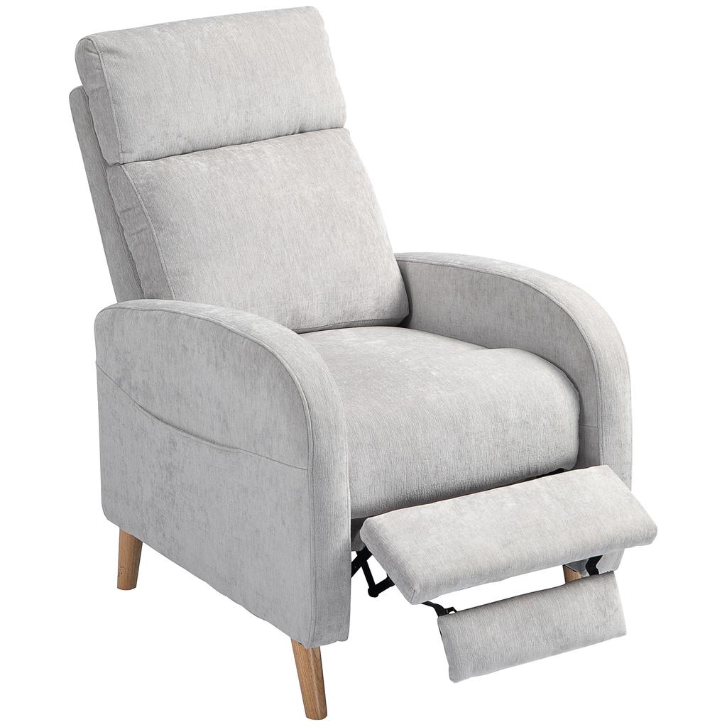 Reclining Relax Armchair Upholstered in Synthetic Linen with Footrest and Side Pocket Load 135 kg Light Gray