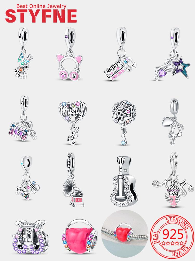 Music Series Guitar Earphone Note Tape Zircon Original Copper Charms Beads Pendant Fit Bracelet Women Diy Jewelry Gifts