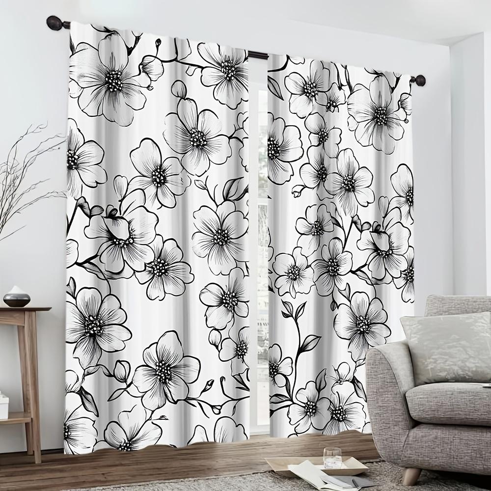 2 Pieces Black and White Floral Print Curtains   Polyester Fabric   Suitable for Bedroom   Living Room Decoration