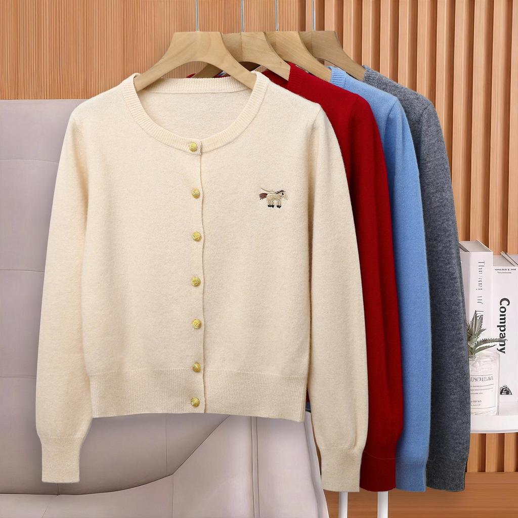 Women's Knitted Wool Cardigan with Round Neck and Small Horse Embroidery - 100% Pure Wool, New Autumn Collection.