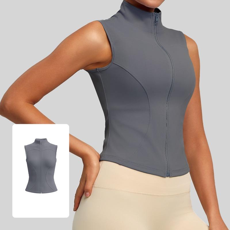 

Women s Slim Fit Sport Sleeveless Quick Dry Elastic Stand Collar Yoga Fitness Clothing Summer Zipper S серый