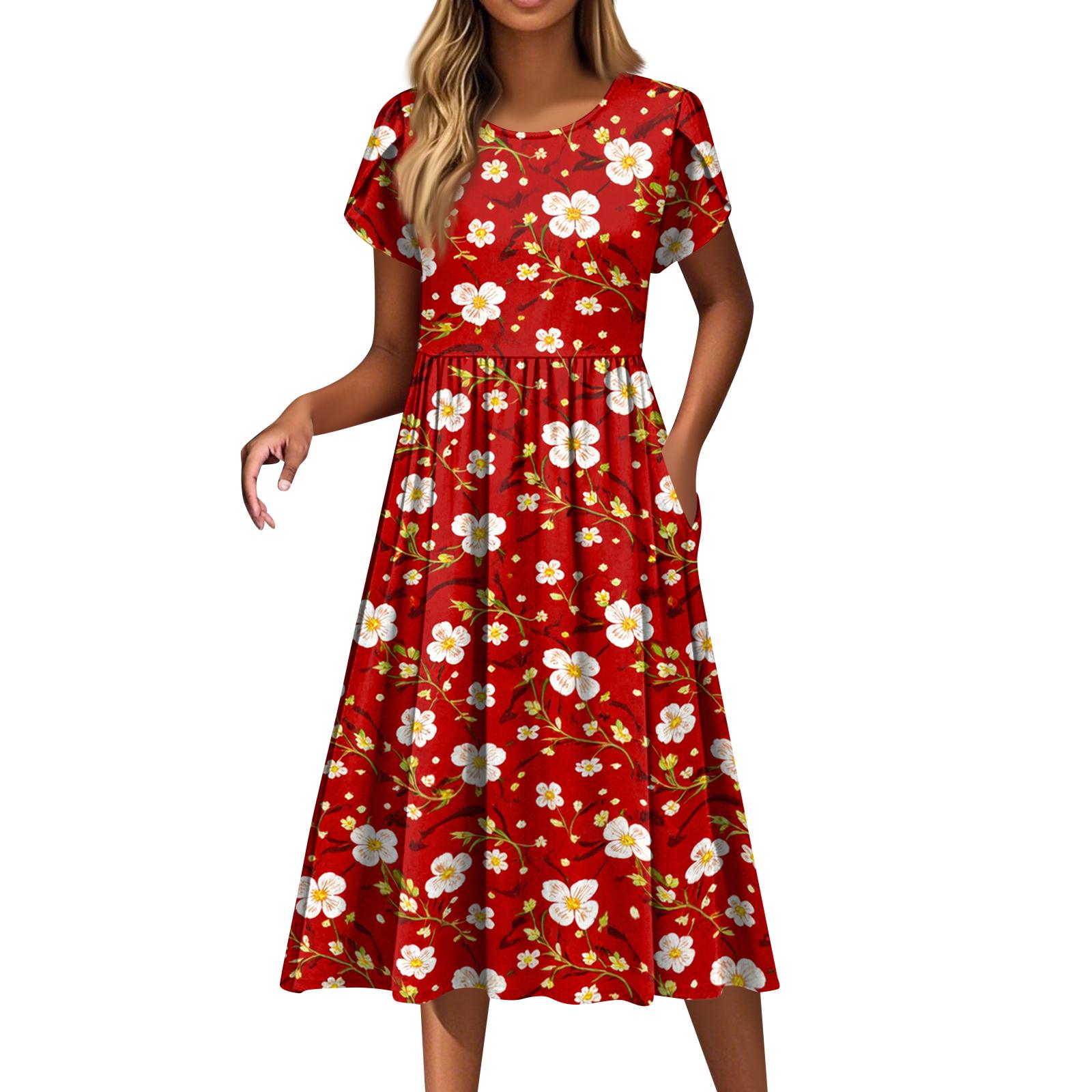 

Women s Fashion Casual Loose Floral Print Round Neck Pocket Short Sleeve Dress XXL червоний