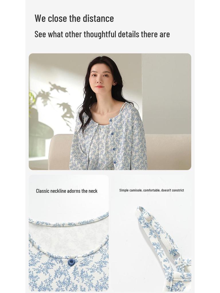 Women's Three-Piece Cotton Pajama Set: Spring Fashion, Printed, Comfortable, Breathable, with Chest Pads, Skin-Friendly.