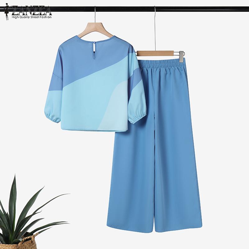 ZANZEA Women Print Blouse and Pants Casual Two Piece Suit Sets