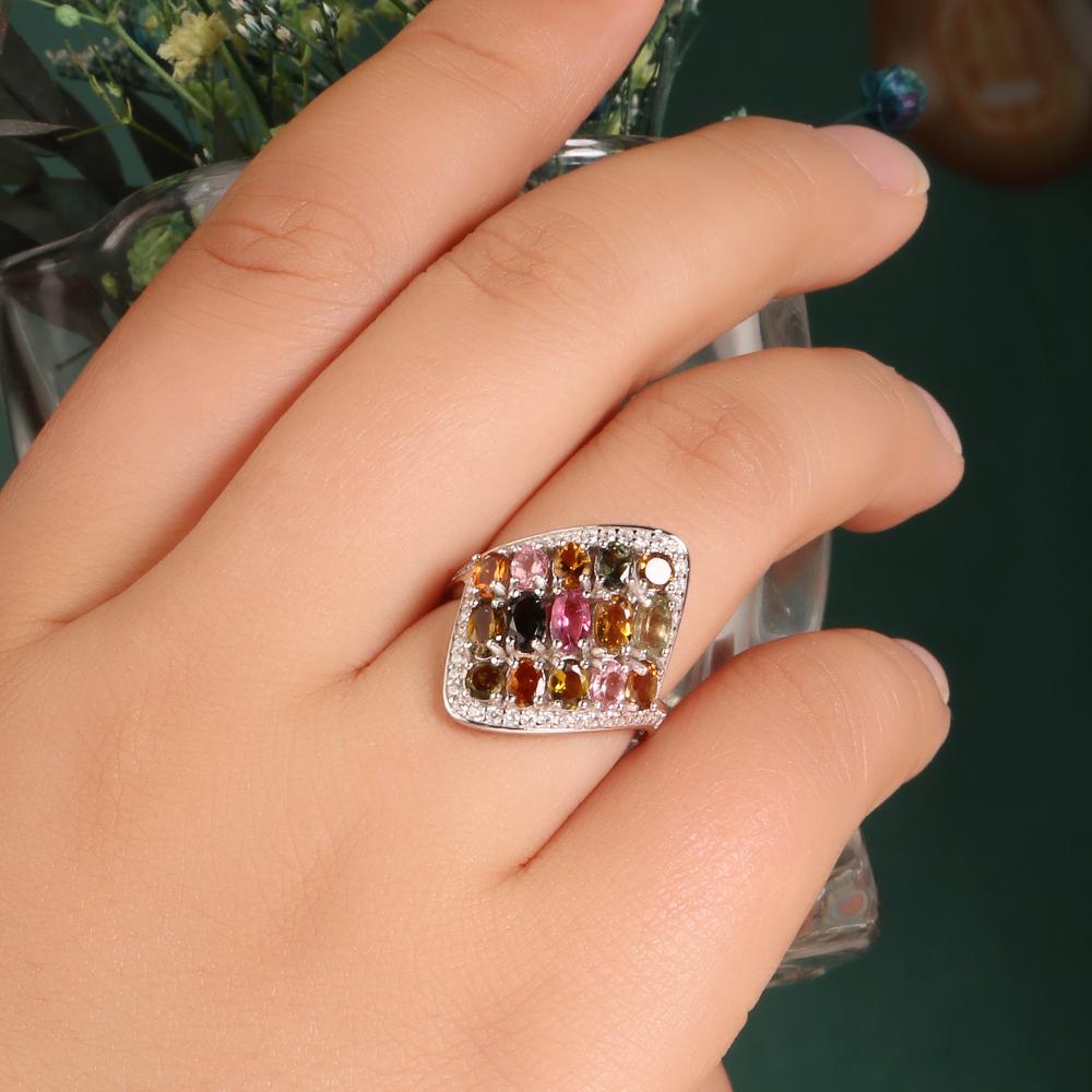 Bague de luxe en argent sterling 925 Tourmaline multicolore naturelle Bijoux fins pour femmes Cadeau de fête