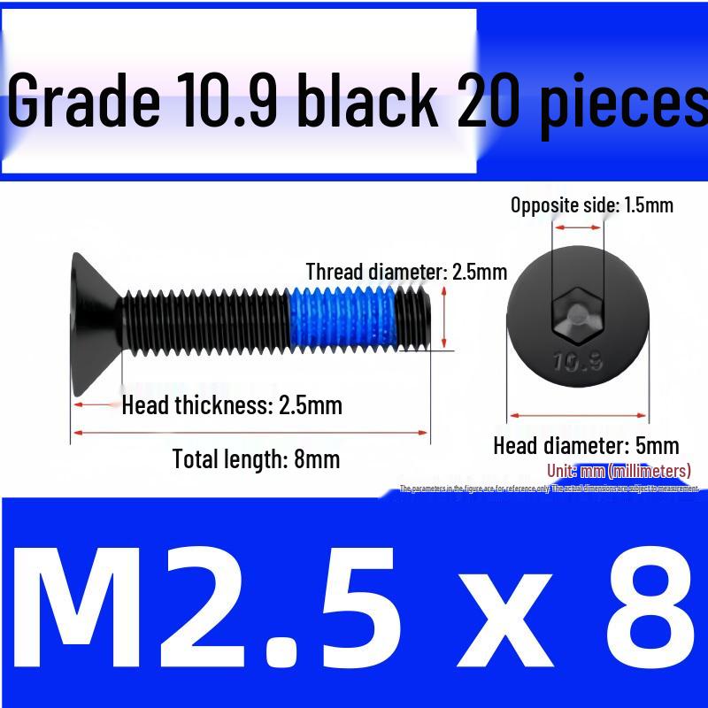 Black Anti-Slip Flat Cup Screw with Adhesive Blue Glue, Countersunk Hexagon Socket, Available in M2-M8 Sizes