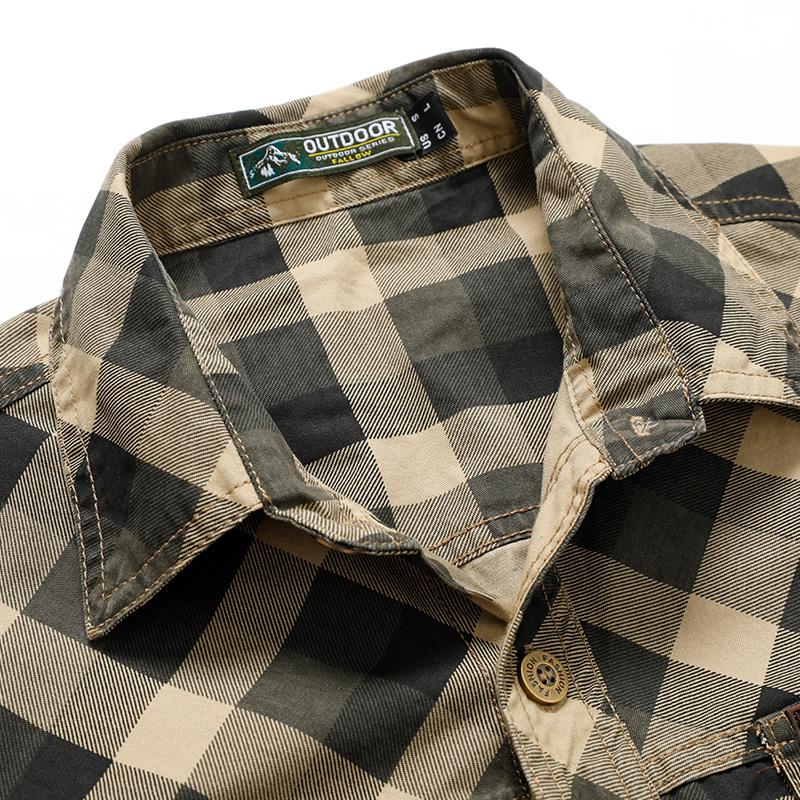 Men's Business and Leisure Plus Size Cotton Workwear Shirt, Autumn Checkered Long Sleeved Shirt