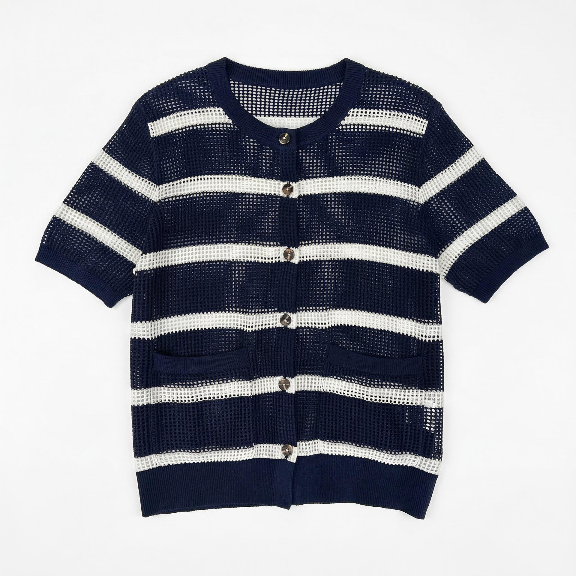 

2026 Spring Classic Stripe Linen Blend Knit Cardigan Medium темно-синий