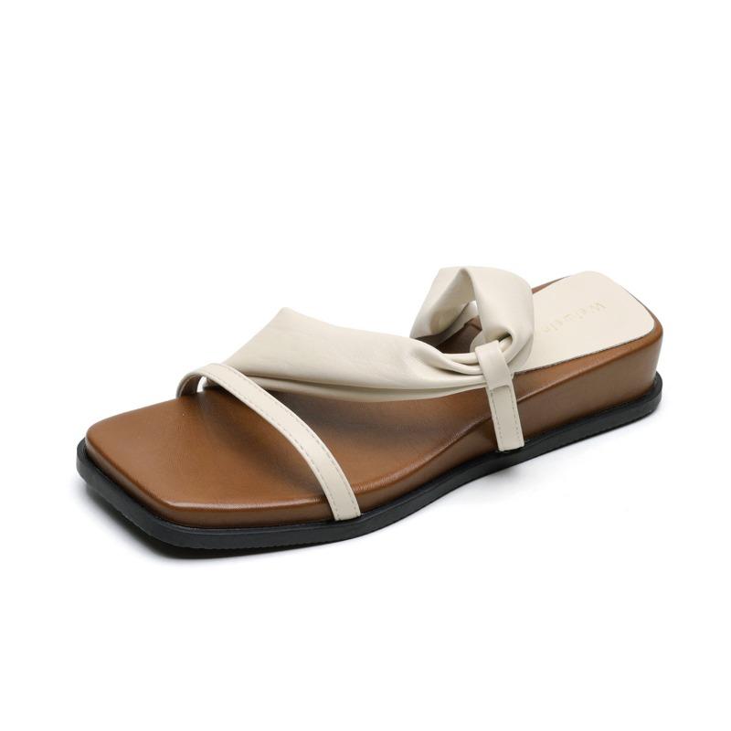Women's Shoes with Thick-soled Square Toe, One-line Flip-flops, and Vintage Wedge Heel Sandals Worn Outside