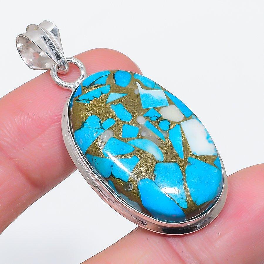 Natural Copper Blue Turquoise 925 Sterling Silver Jewelry Pendant 1.97" V7o67