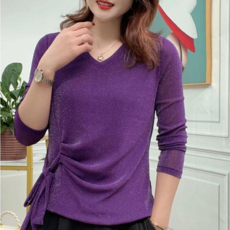 Spring and Autumn Women's Pullover V-neck Long Sleeve Solid Drawstring Folds Sequined Gauze Loose Elastic Fashion Casual Tops
