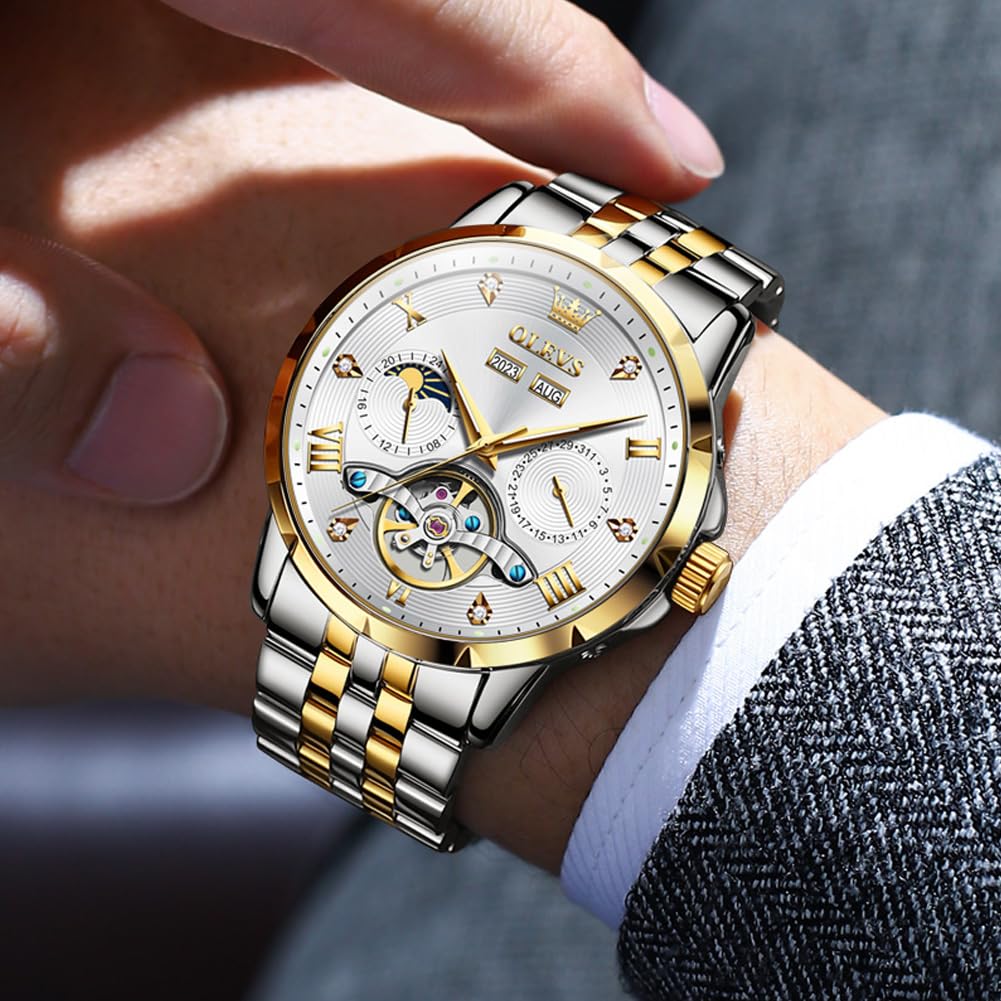 OLEVS Men's Automatic Mechanical Watch with Moon Phase Display, Stylish Skeleton Design, Waterproof, Popular, Luminous Watch, White & Gold