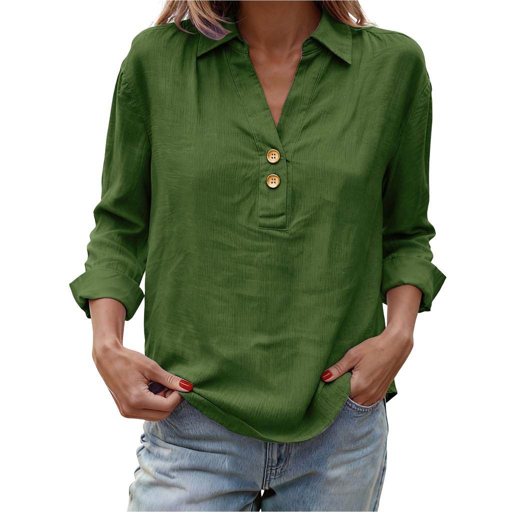 Women's Shirt Seven-Sleeve Lapel Cotton Linen Top Solided Color Casual Breathable Lapel Shirt