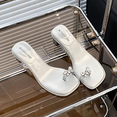 High-heeled Set-toed Transparent Sandals Female 2025 New Summer French Fairy Wind Bow Rhinestone Thick-heeled Slippers