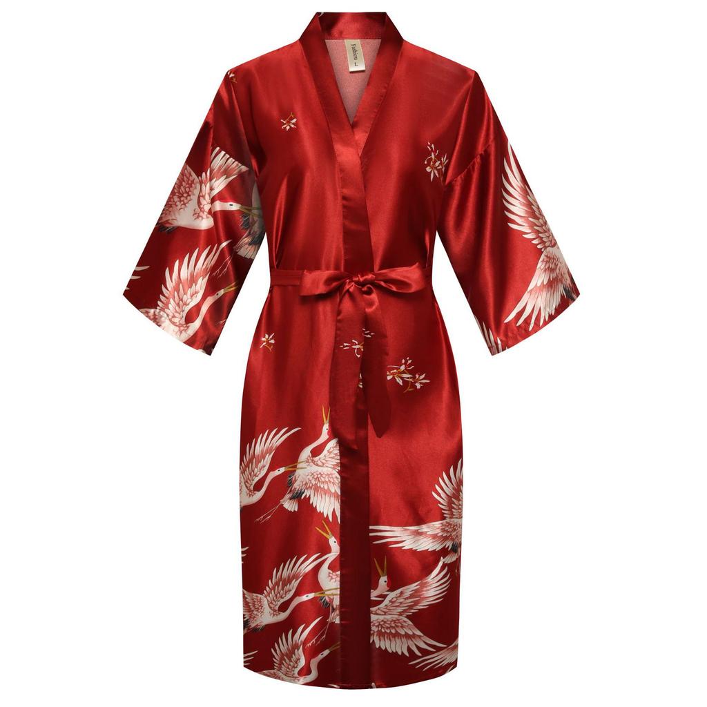 Women's Long Crane Print Silk-Style Bridal & Bridesmaid Robe - Breathable and Comfortable Pajamas.