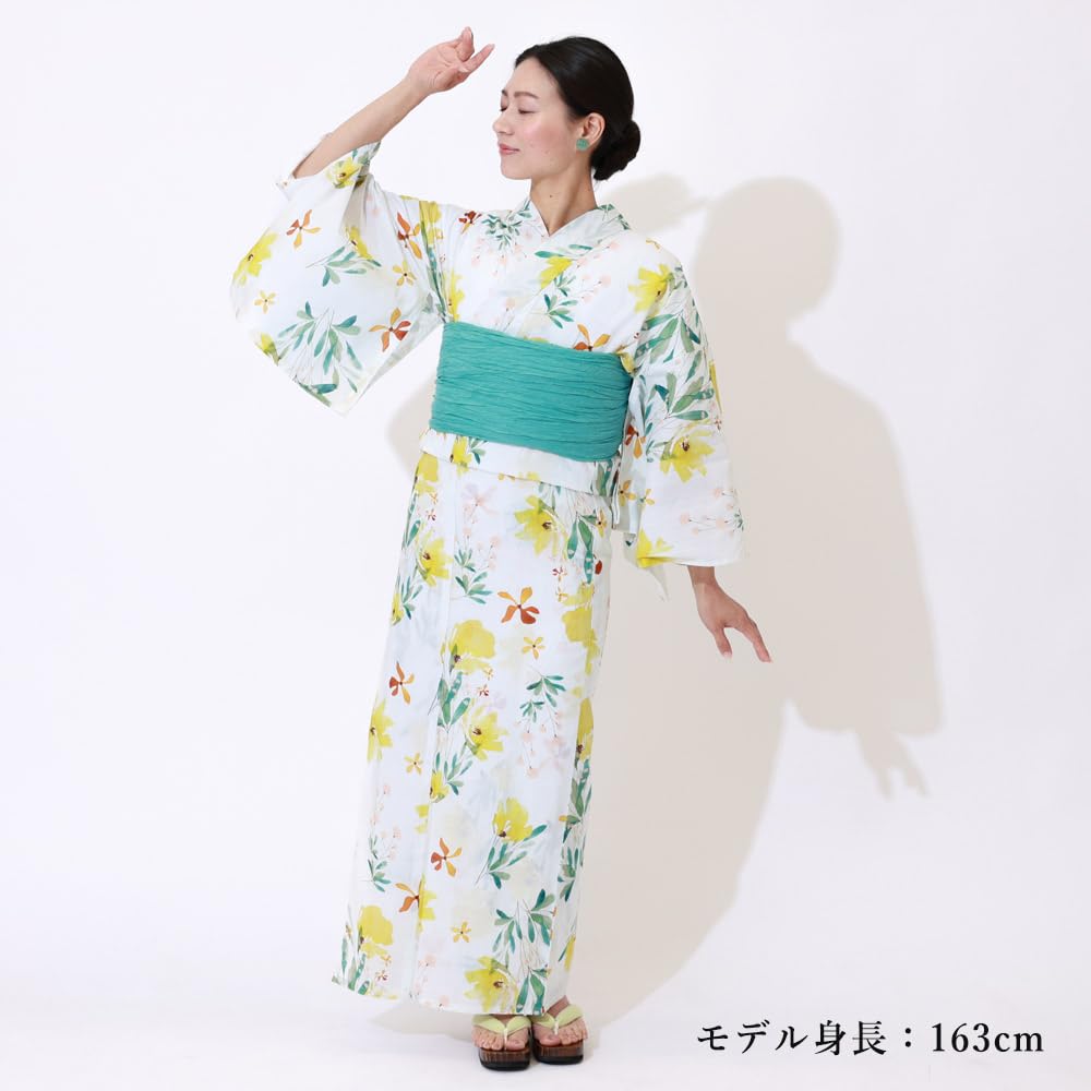 Kyoto Kimono Yuzen Women's Yukata and Obi Set, 2-Piece, Floral Print, Summer Kimono (Yellow)
