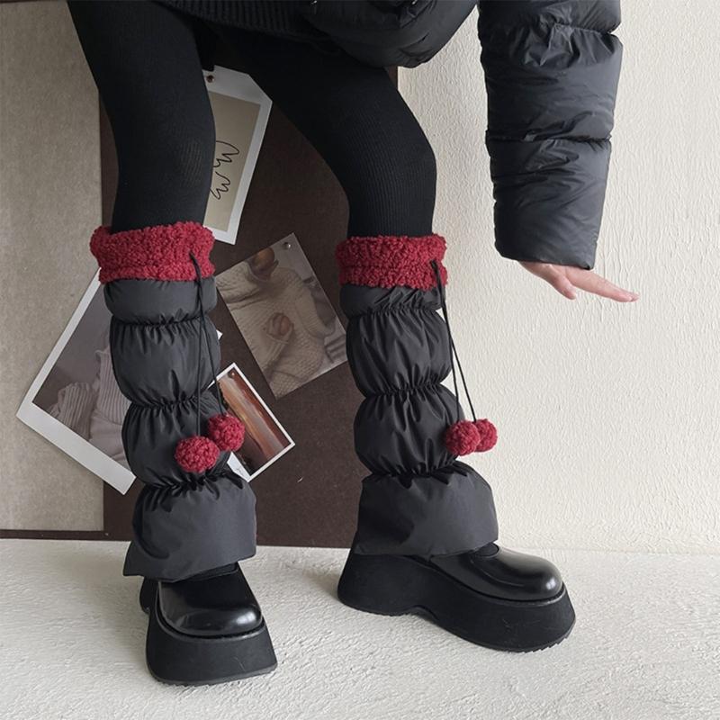 Lamb Fleece Trim Padded Puffer Leg Warmers with Cute Plush Balls for Women Warm Thermal Quilted Boot Cuffs Foot Covers