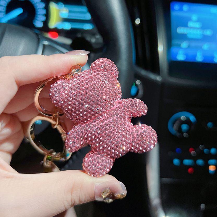 Unique Fun Keychain Gift For Girls Pure Handmade DIY Inlay Full Of Rhinestone Cute Bear Car Keychain Pendants And Bag Ornaments