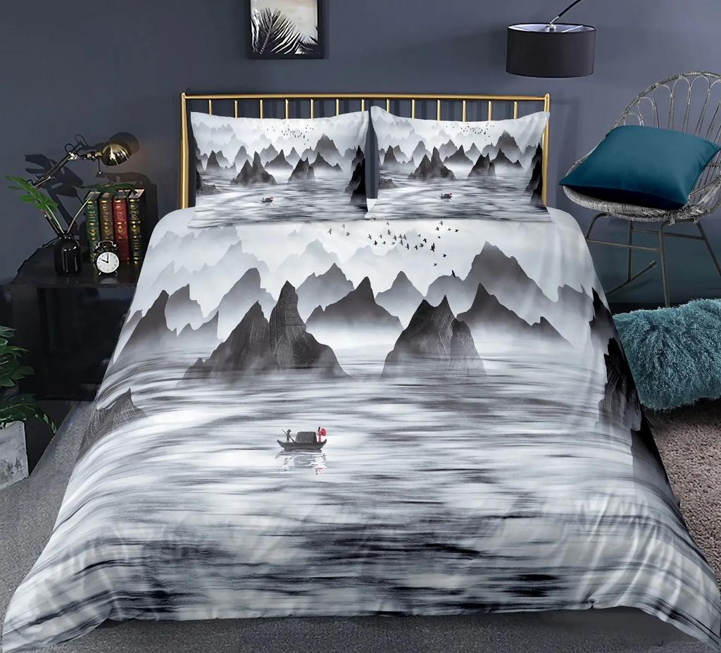 Nature Landscape Duvet Cover King/Queen Size,Chinese Ink Painting Style Bedding Set Mountain River 2/3Pcs Polyester Quilt Cover
