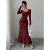 Elegant Sexy Long Sleeved Fishtail Dress Tight Fit Spring Pleated Square Collar Solid Color Party Maxi Long Dresses Evening Spring Bodycon Dress